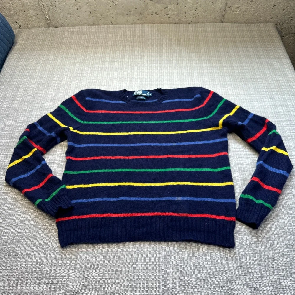 Vintage Polo Ralph Lauren Sweater Mens L / XL Blue Striped 100% Lambs Wool Crew*
